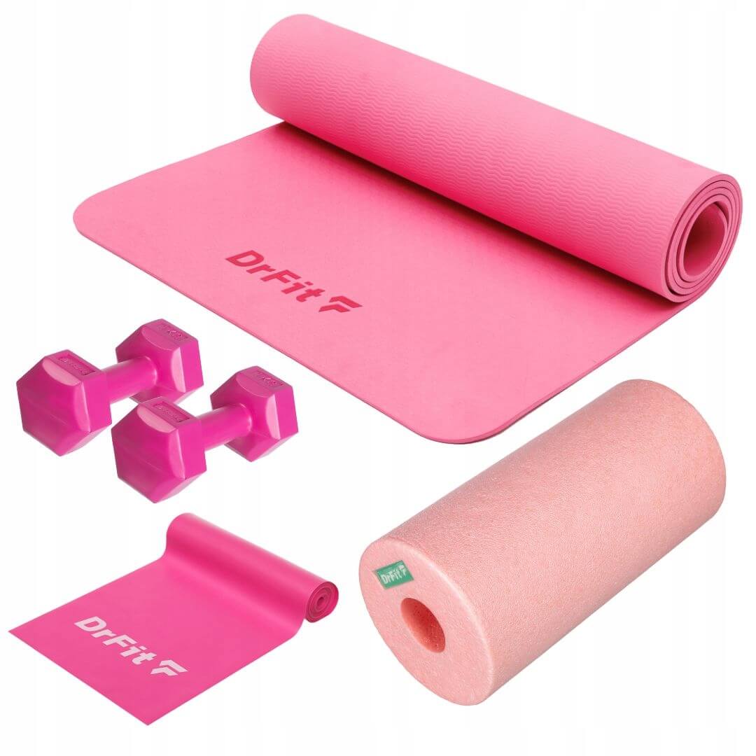 różowy zestaw hantle, mata, guma oporowa, roller do rolowania