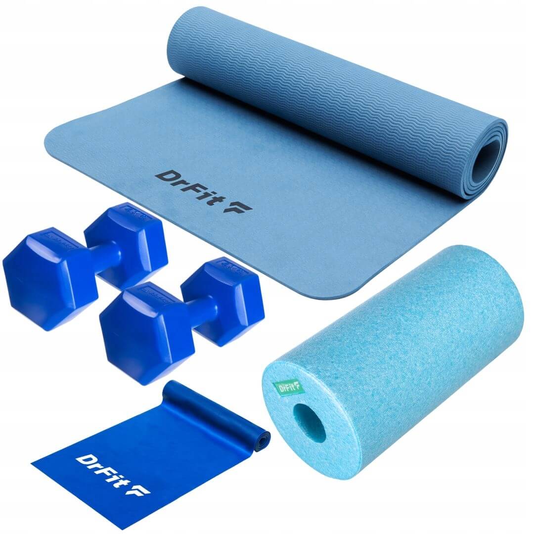 czarny zestaw hantle, mata, guma oporowa, roller do rolowania