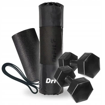 Czarny zestaw treningowy - mata NBR, hantle, guma oporowa i gładki roller Travel