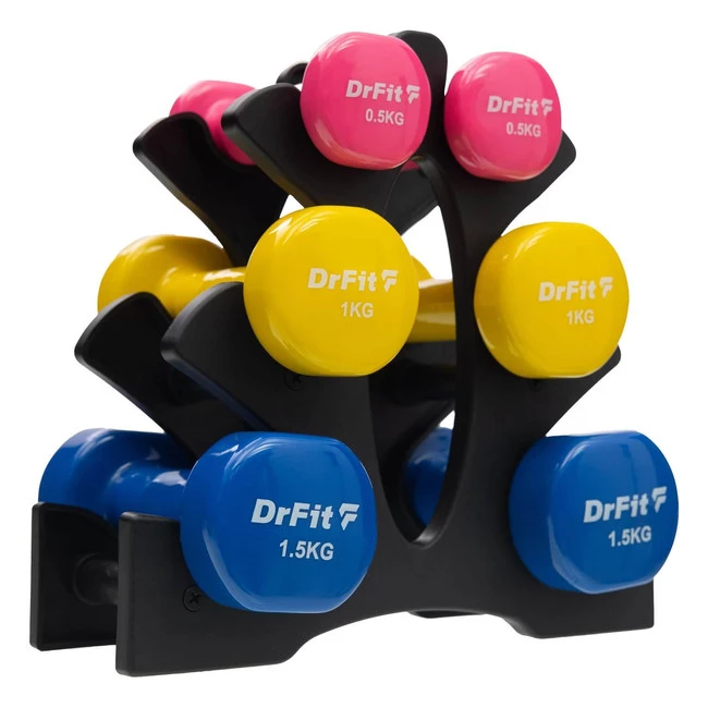 DrFit Zestaw 3 par hantli (2x0,5 kg różowy, 2x1 kg żółty, 2x1,5 kg niebieski) + stojak