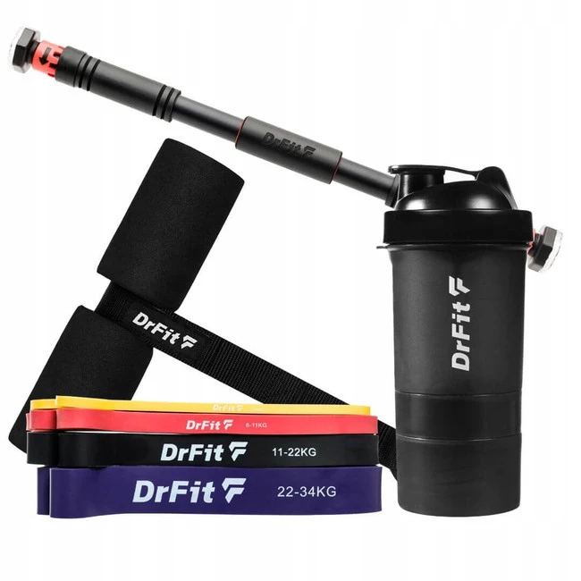 Zestaw DrFit do treningu całego ciała – drążek 100 cm, taśmy Power Band, uchwyt Nordic/ABS, shaker 500 ml