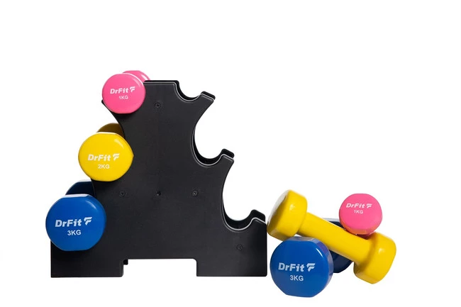 DrFit Zestaw 3 par hantli 12kg (2x1 kg różowy, 2x2 kg żółty, 2x3 kg niebieski) + stojak