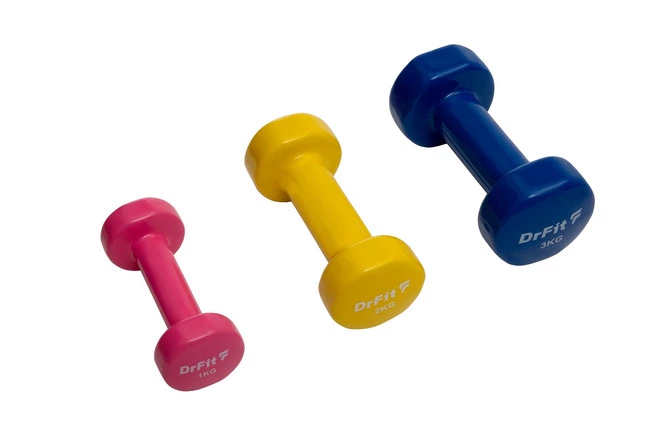 DrFit Zestaw 3 par hantli 12kg (2x1 kg różowy, 2x2 kg żółty, 2x3 kg niebieski) + stojak
