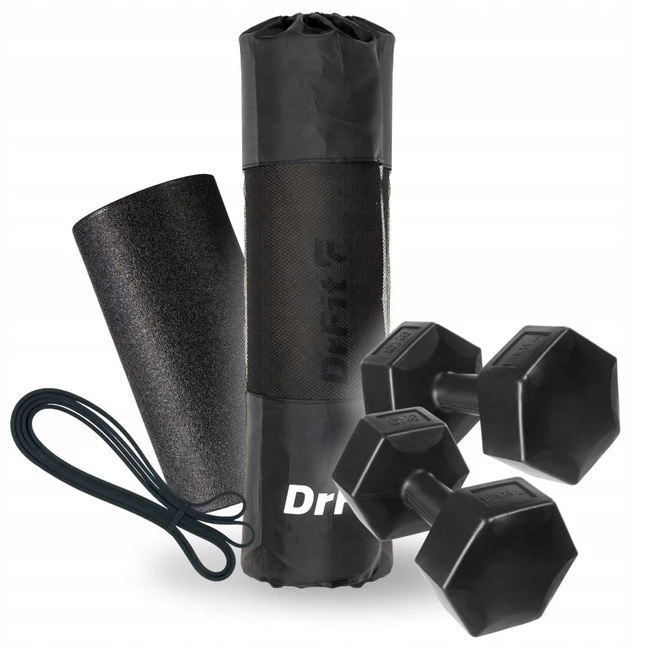 Czarny zestaw treningowy - mata NBR, hantle, guma oporowa i gładki roller Travel