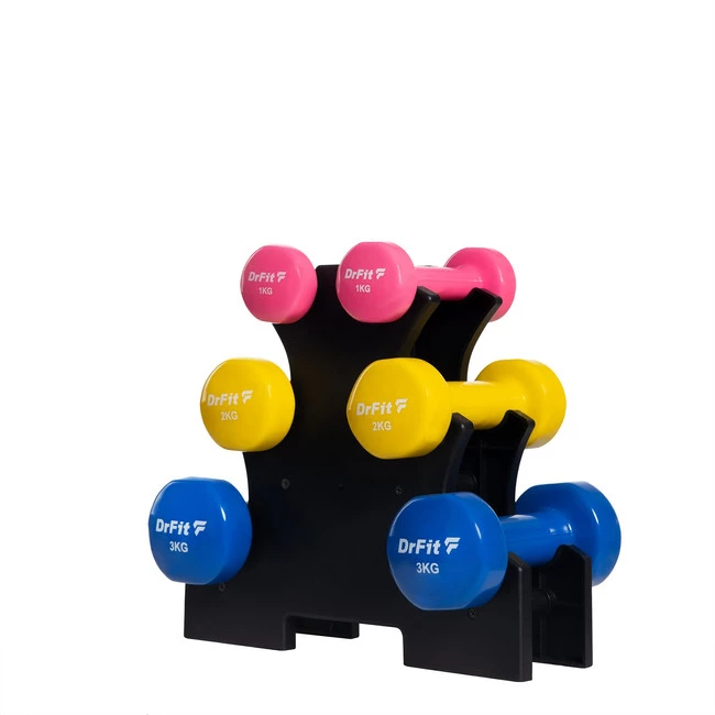 DrFit Zestaw 3 par hantli 12kg (2x1 kg różowy, 2x2 kg żółty, 2x3 kg niebieski) + stojak