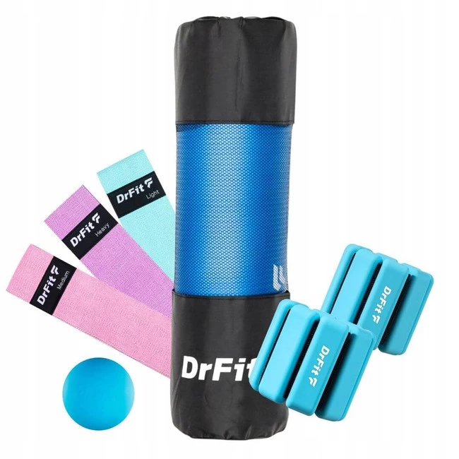 Zestaw DrFit do treningu i regeneracji – obciążniki, zestaw gum oporowych, piłka lacrosse, mata NBR