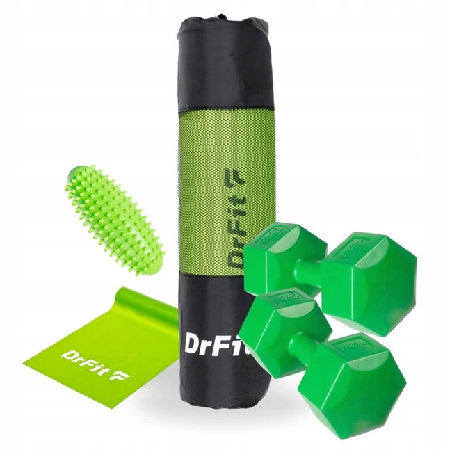 Zielony zestaw treningowy - mata NBR, hantle, guma oporowa i roller z wypustkami