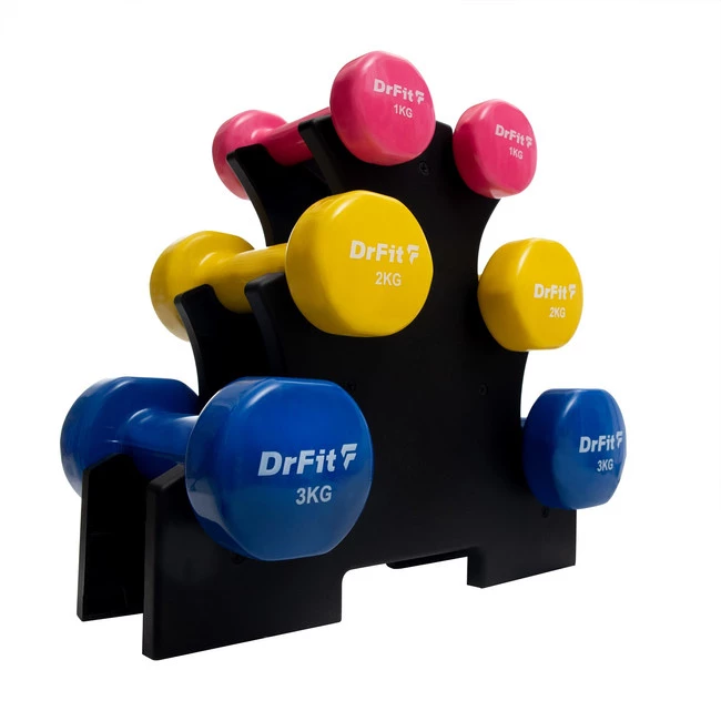 DrFit Zestaw 3 par hantli 12kg (2x1 kg różowy, 2x2 kg żółty, 2x3 kg niebieski) + stojak
