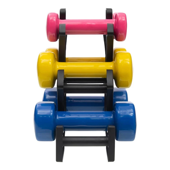 DrFit Zestaw 3 par hantli (2x0,5 kg różowy, 2x1 kg żółty, 2x1,5 kg niebieski) + stojak