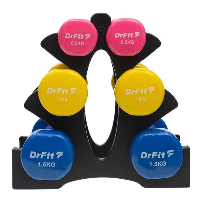 DrFit Zestaw 3 par hantli (2x0,5 kg różowy, 2x1 kg żółty, 2x1,5 kg niebieski) + stojak