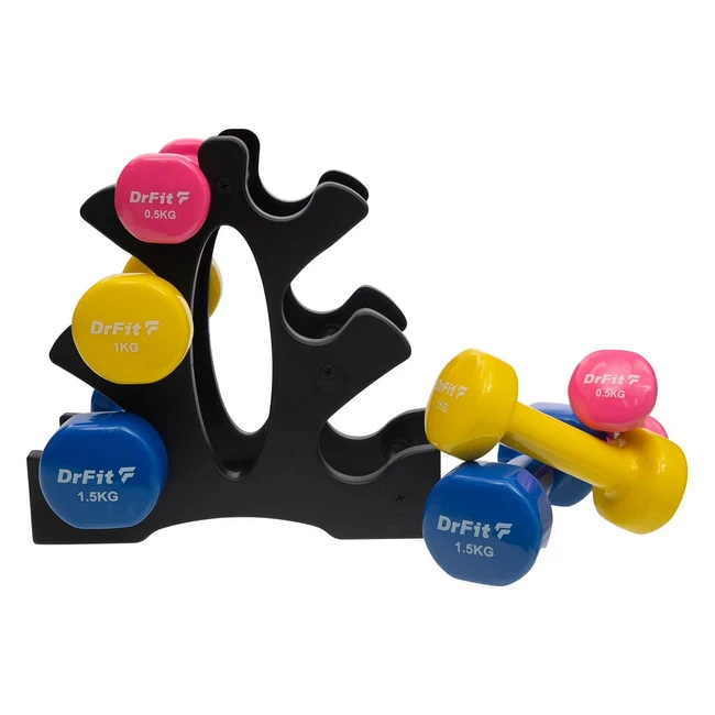 DrFit Zestaw 3 par hantli (2x0,5 kg różowy, 2x1 kg żółty, 2x1,5 kg niebieski) + stojak