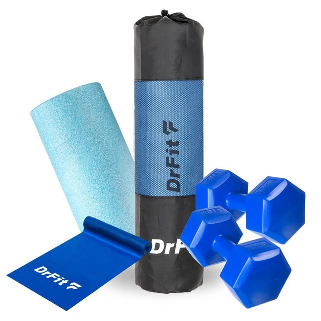 Niebieski zestaw treningowy - mata NBR, hantle, guma oporowa i gładki roller Travel