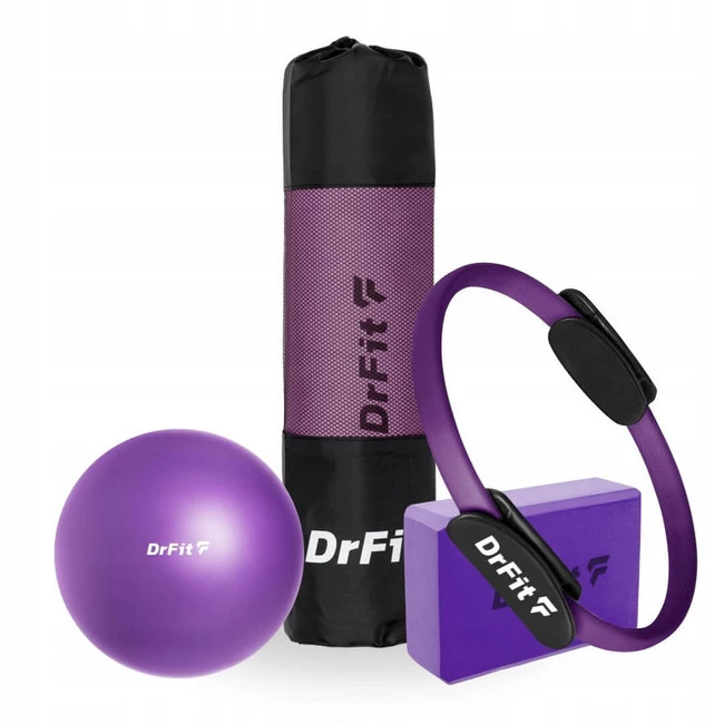 Zestaw akcesoriów w kolorze fioletowym do jogi i pilatesu – mata, piłka, ring i kostka wspierające stabilizację i mobilność