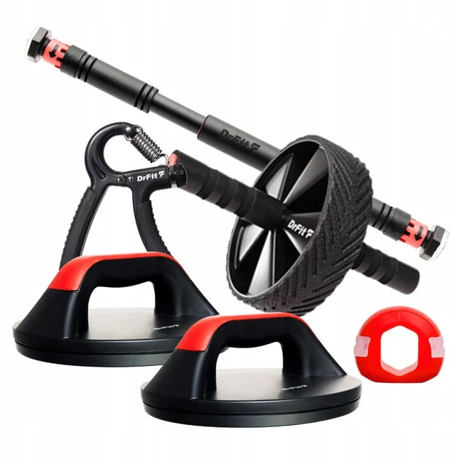 Zestaw DrFit 5-elementowy drążek, podpórki rotacyjne, trenażer szczęki, drążek, handgrip – trening siły, stabilizacji i chwytu w domu