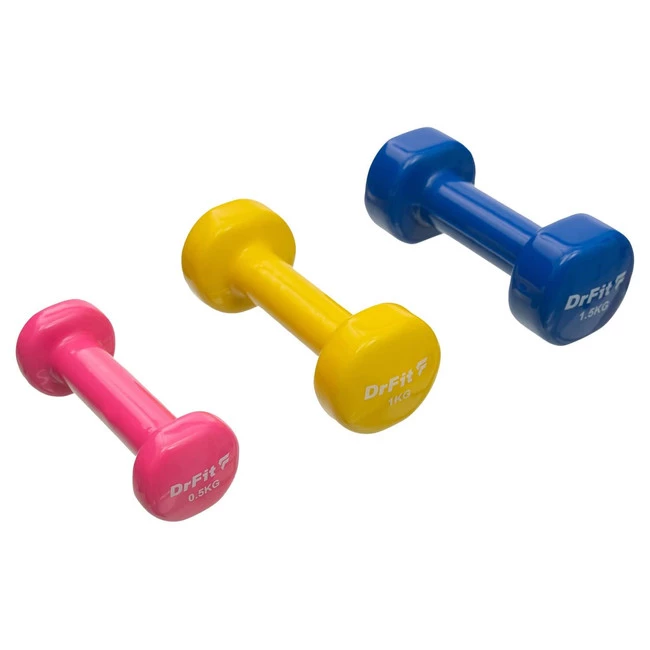DrFit Zestaw 3 par hantli (2x0,5 kg różowy, 2x1 kg żółty, 2x1,5 kg niebieski) + stojak