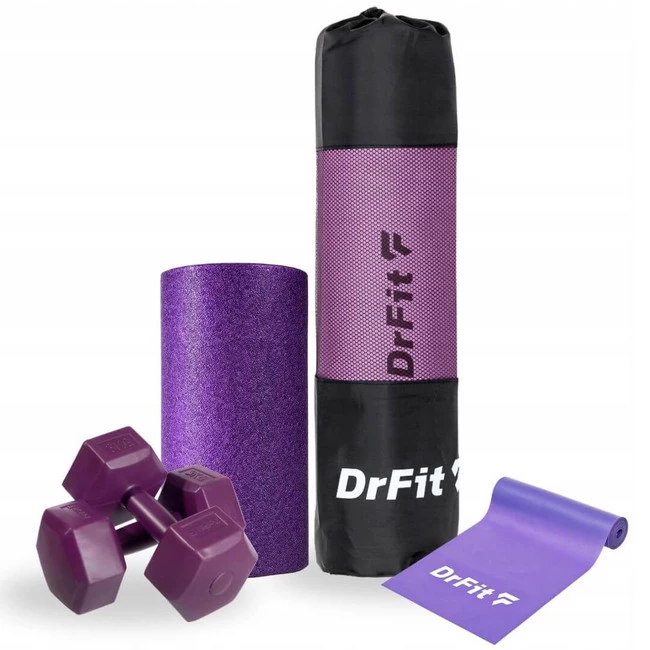 Fioletowy zestaw treningowy - mata NBR, hantle, guma oporowa i gładki roller Travel