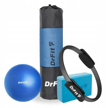 Zestaw akcesoriów w kolorze niebieskim do jogi i pilatesu – mata, piłka, ring i kostka wspierające stabilizację i mobilność