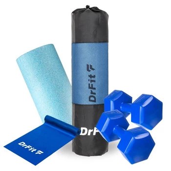 Niebieski zestaw treningowy - mata NBR, hantle, guma oporowa i gładki roller Travel