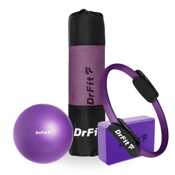Zestaw akcesoriów w kolorze fioletowym do jogi i pilatesu – mata, piłka, ring i kostka wspierające stabilizację i mobilność